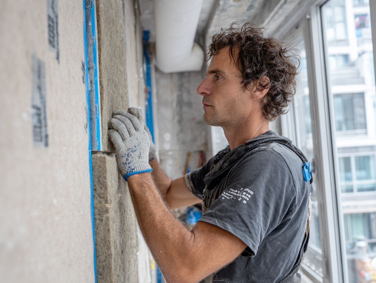 Professional soundproofing specialist installing wall insulation panels in a modern Brooklyn apartment